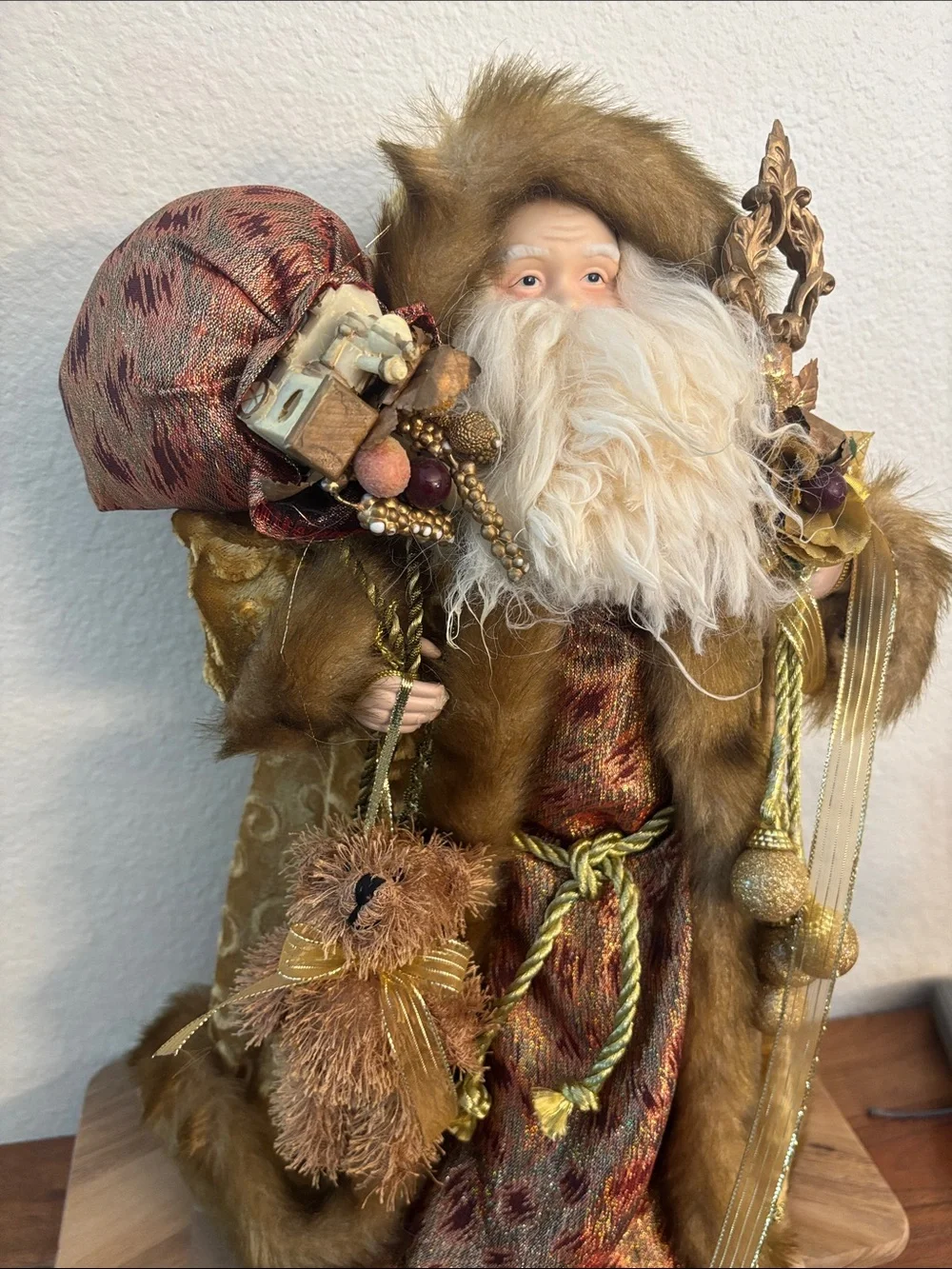 Vintage-Inspired golden color Fur Santa Figurine Holiday Decor